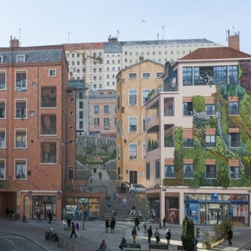Photographie du  Mur des Canuts, fresque réalisé en 1987 dans le Quartier de Croix-Rousse, Lyon 4e